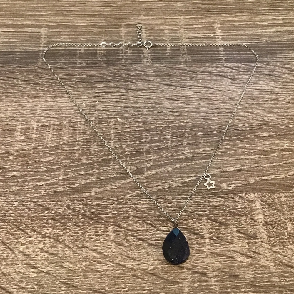 Sterling Silver Blue Gold Stone Teardrop Pendant Chain Necklace 18" Long